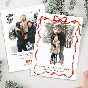 Funky Christmas Boho Red Bow Ribbon 2 Photo Holiday Card