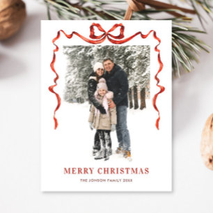 Funky Christmas Boho Red Bow Ribbon 2 Photo Postcard