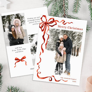 Funky Christmas Boho Red Bow Ribbon 3 Photo Holiday Card