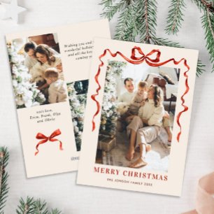 Funky Christmas Boho Red Bow Ribbon 3 Photo Holiday Card