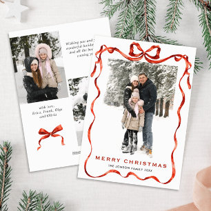 Funky Christmas Boho Red Bow Ribbon 3 Photo Holiday Card
