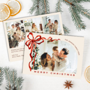 Funky Christmas Boho Red Bow Ribbon 4 Photo Holiday Card