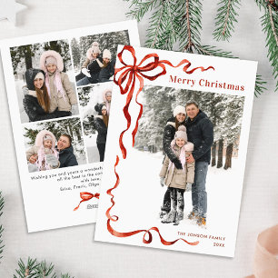 Funky Christmas Boho Red Bow Ribbon 5 Photo Holiday Card