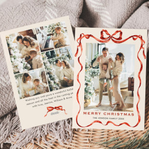 Funky Christmas Boho Red Bow Ribbon 5 Photo Holiday Card