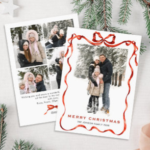 Funky Christmas Boho Red Bow Ribbon 5 Photo Holiday Card