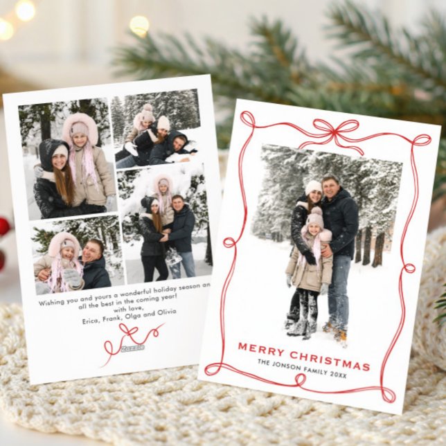 Funky Christmas Boho Red Bow Ribbon 5 Photo Holiday Card (Creator Uploaded)