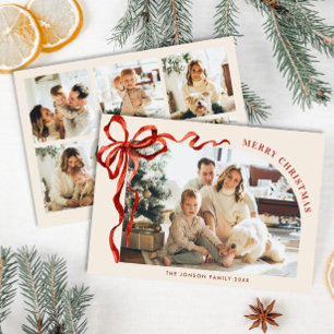 Funky Christmas Boho Red Bow Ribbon 6 Photo Holiday Card