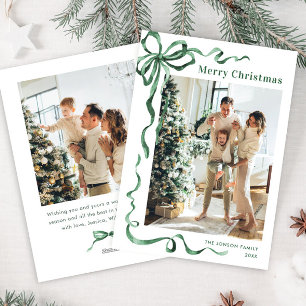 Funky Christmas Sage Green Bow Ribbon 2 Photo Holiday Card