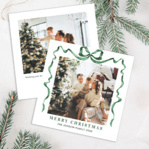 Funky Christmas Sage Green Bow Ribbon 2 Photo Holiday Card