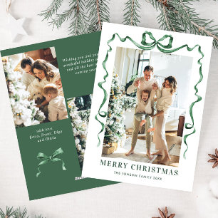 Funky Christmas Sage Green Bow Ribbon 3 Photo Holiday Card