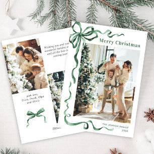 Funky Christmas Sage Green Bow Ribbon 3 Photo Holiday Card