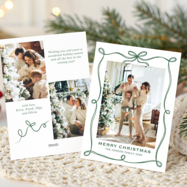 Funky Christmas Sage Green Bow Ribbon 3 Photo Holiday Card (Creator Uploaded)