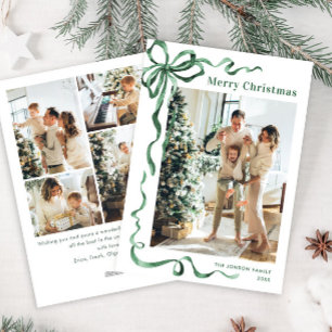 Funky Christmas Sage Green Bow Ribbon 5 Photo Holiday Card