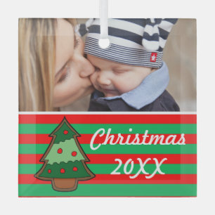 Funky Christmas Tree and Stripes Custom Photo Glass Ornament