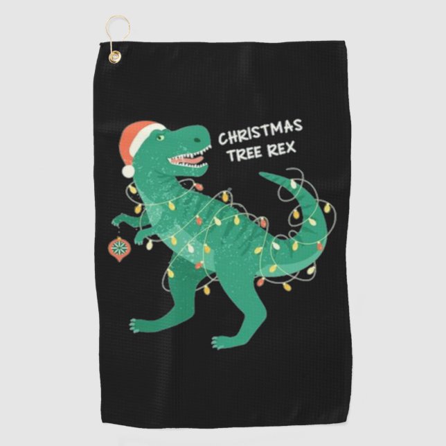 Funky christmas winter dinosaur tree   golf towel (Front)