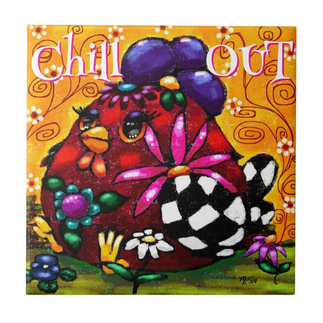 Funky Chunky Floral Chicken Colourful Personalized Tile (Front)