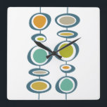 Funky Circles Mid Century Modern Colourful Retro Square Wall Clock<br><div class="desc">This fabulous mid century modern wall clock features two sets of funky abstract hanging circles in the colours of turquoise blue,  orange,  tan,  avocado green,  gold,  and blue. This will make a colourful addition to your home decor!</div>