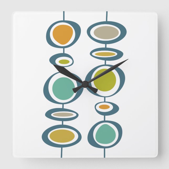 Funky Circles Mid Century Modern Colourful Retro Square Wall Clock (Front)