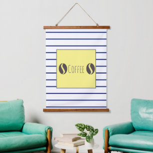 Funky Coffee Beans Blue White Stripes Hanging Tapestry