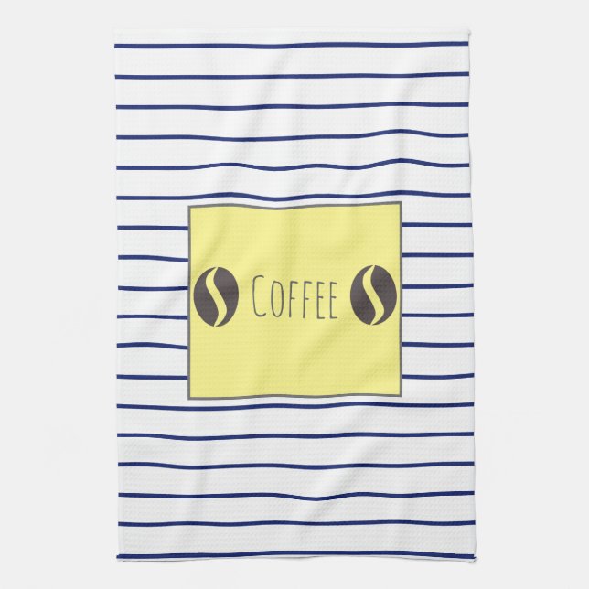 Funky Coffee Beans Blue White Stripes Kitchen Towel (Vertical)