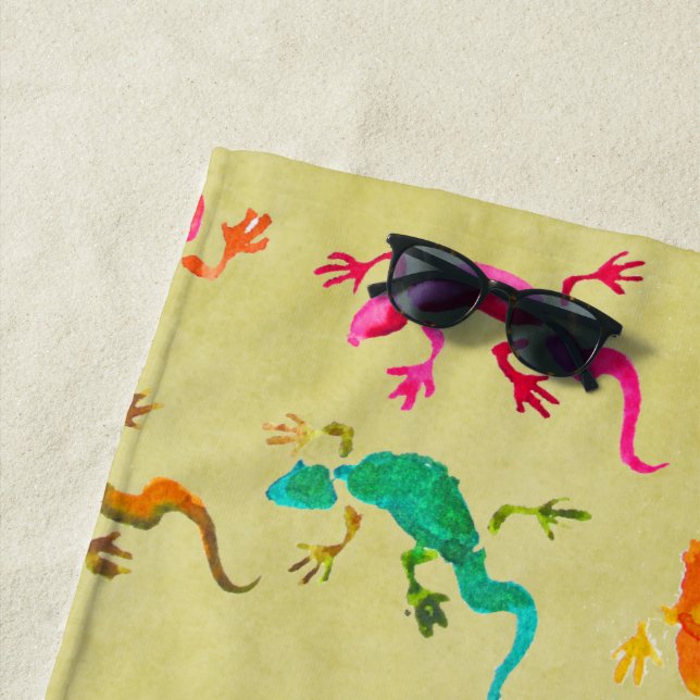 Funky colorful gecko lizard beach style towel (In Situ)