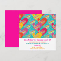 Funky Colour Retro Pop Hearts Girl Birthday Invite