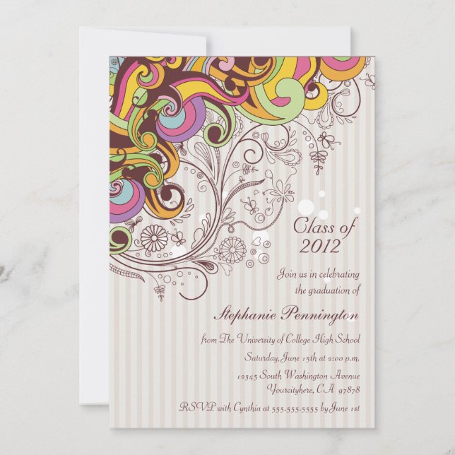 Funky colour swirls graduation party announcement (Front)