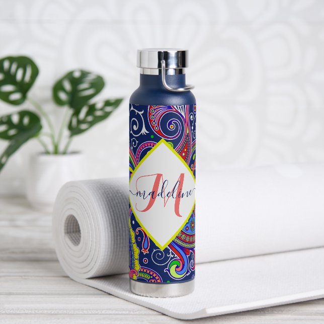 Funky coloured paisley personalized water bottle (Yoga)