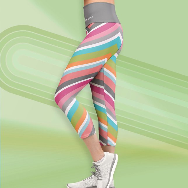 Funky Colourful Chevron Pattern Script Name Capri Leggings (Custom Leggings)
