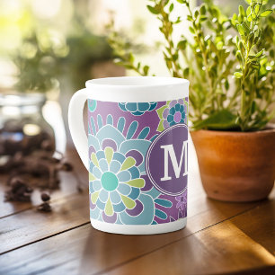 Funky Colourful Floral Pattern Custom Monogram Bone China Mug