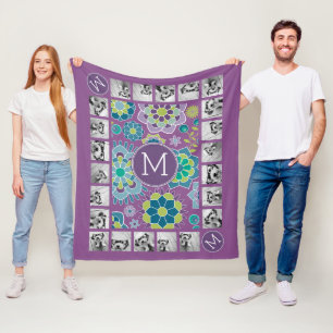 Funky Colourful Floral Pattern Custom Monogram Fleece Blanket