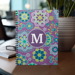 Funky Colourful Floral Pattern Custom Monogram Notebook