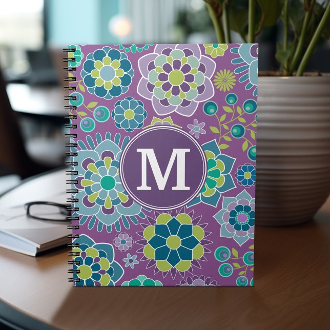 Funky Colourful Floral Pattern Custom Monogram Notebook (Personalized notebook - add name and custom text)