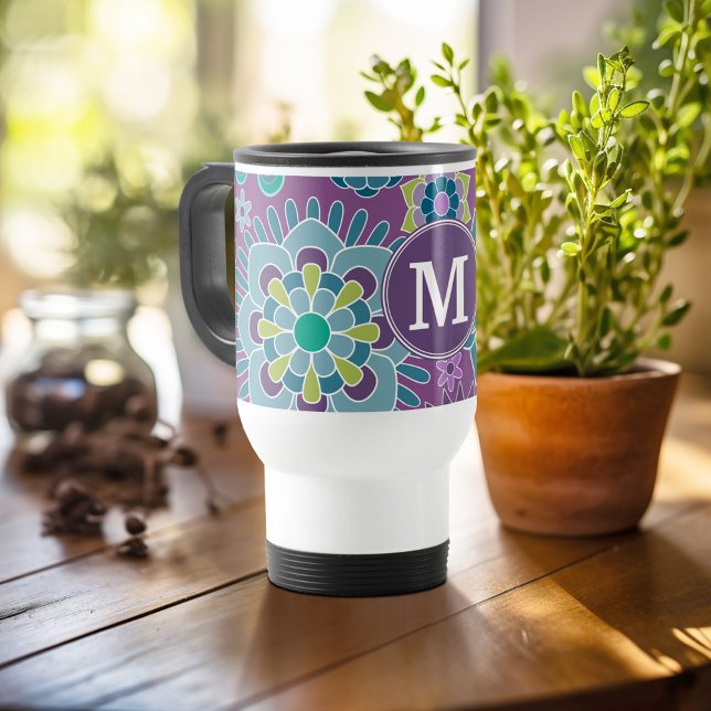 Funky Colourful Floral Pattern Custom Monogram Travel Mug (Personalized travel mug - add photos and text or customize completely)