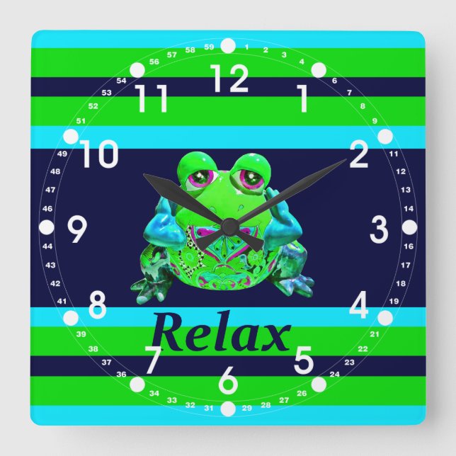 Funky Colourful Frog RELAX Teal Lime Navy Square Wall Clock (Front)