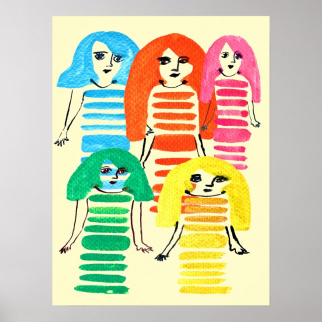 Funky colourful girl doll watercolor poster (Front)