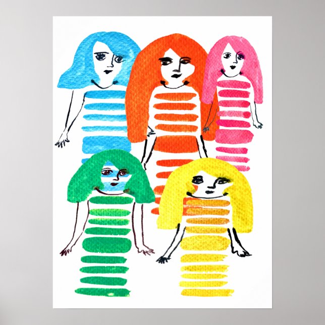 Funky colourful girl doll watercolor poster (Front)