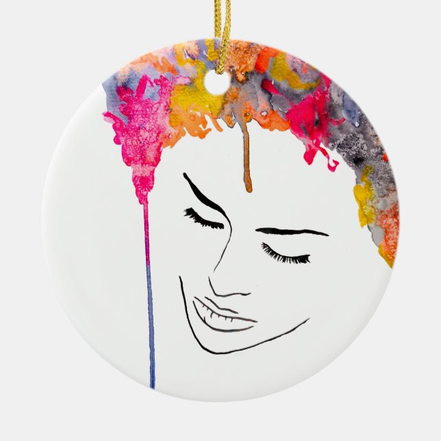 Funky colourful rainbow lady art ceramic ornament (Front)
