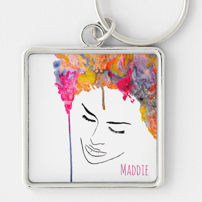 Funky colourful rainbow lady art keychain (Front)