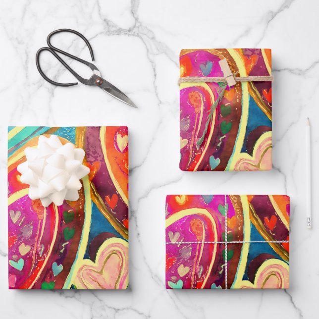 Funky Colours Heart Pattern Mix Wrapping Paper Sheet (Front)