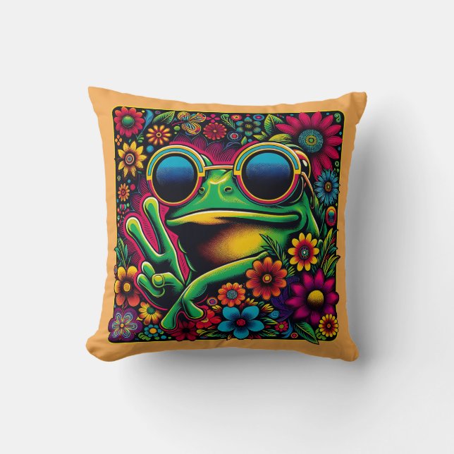 Funky Cool Frog Peace Sign Throw Pillow (Front)