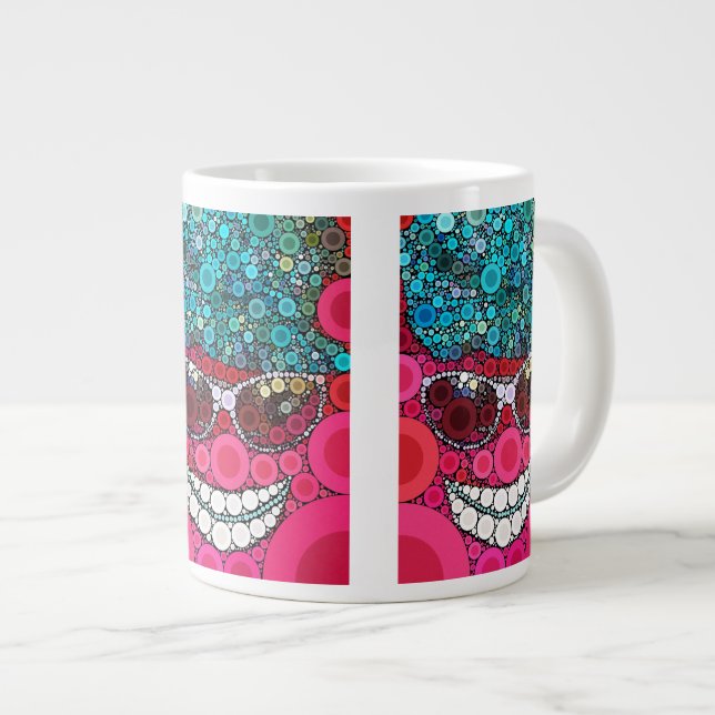 Funky Cool Smiling Face Sunglasses Hat Pink Blue Large Coffee Mug (Front Right)