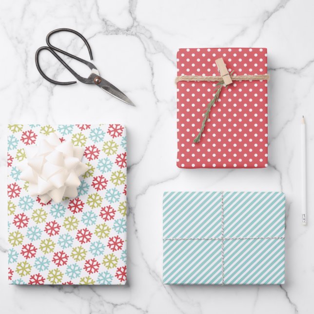 Funky Coral Pink Red Mint Blue Green Snowflakes Wrapping Paper Sheet (Front)