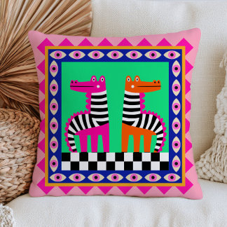 Funky Crocodiles Modern Evil Eyes Bold Maximalist Throw Pillow