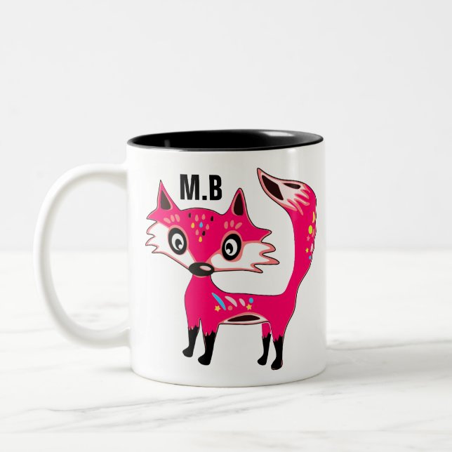 Funky Cute Pink Fox Monogram Two-Tone Coffee Mug (Left)