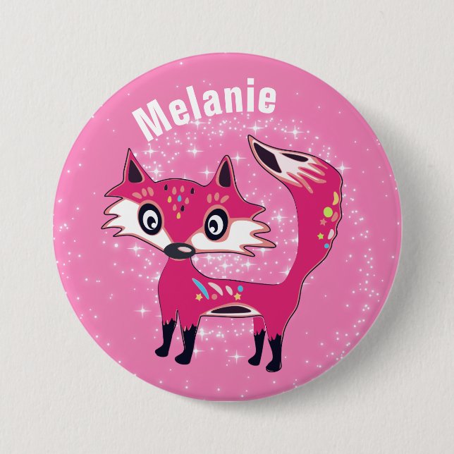 Funky Cute Pink Fox Personalised 3 Inch Round Button (Front)