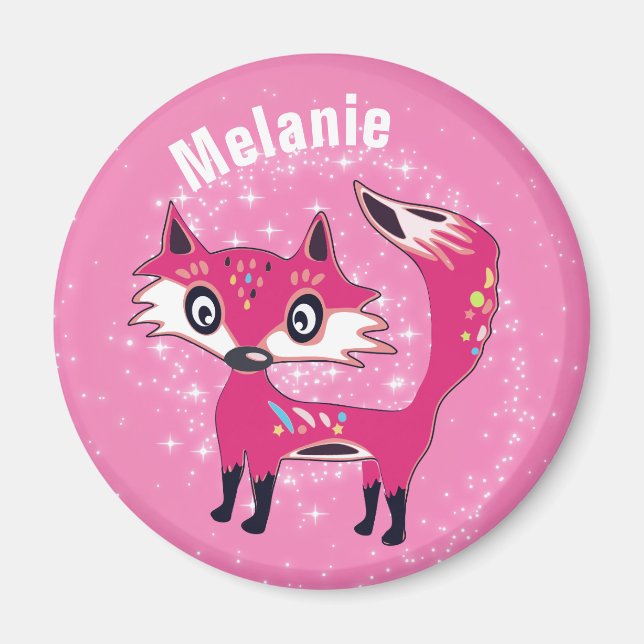 Funky Cute Pink Fox Personalised Magnet (Front)