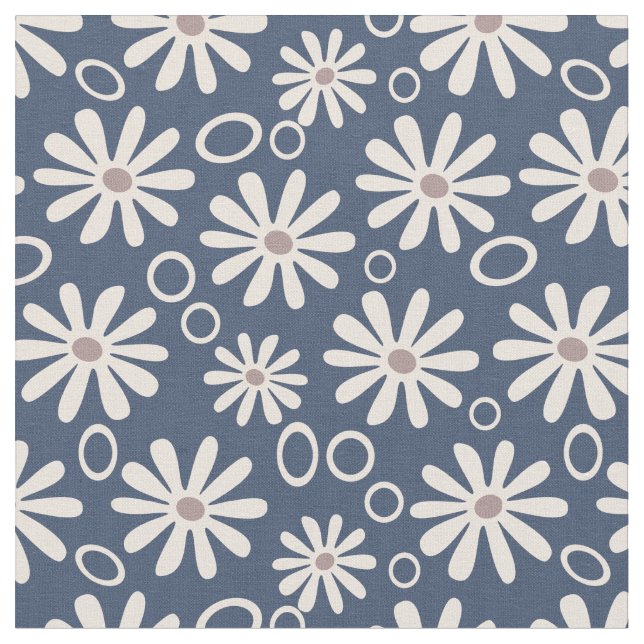 Funky Daisies and Bubbles navy and white Fabric (Close Up)