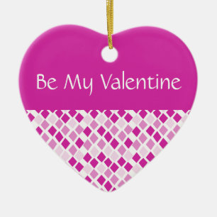 Funky Diamonds Pink Valentines Heart Ceramic Ornament