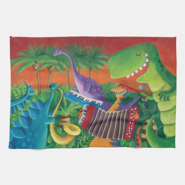 Funky Dinosaur Band Kitchen Towel (Horizontal)